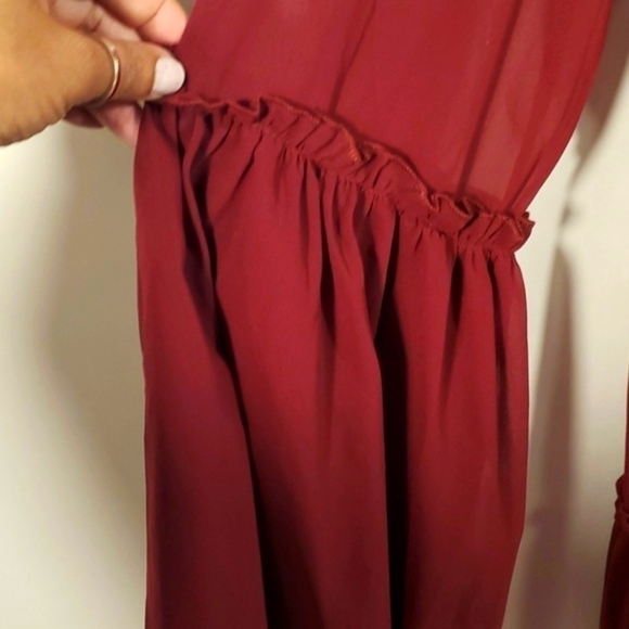 Plunging Neck Frill Maroon Ruffle Hem Chiffon Dress Size Medium NWTG - Picture 13 of 15